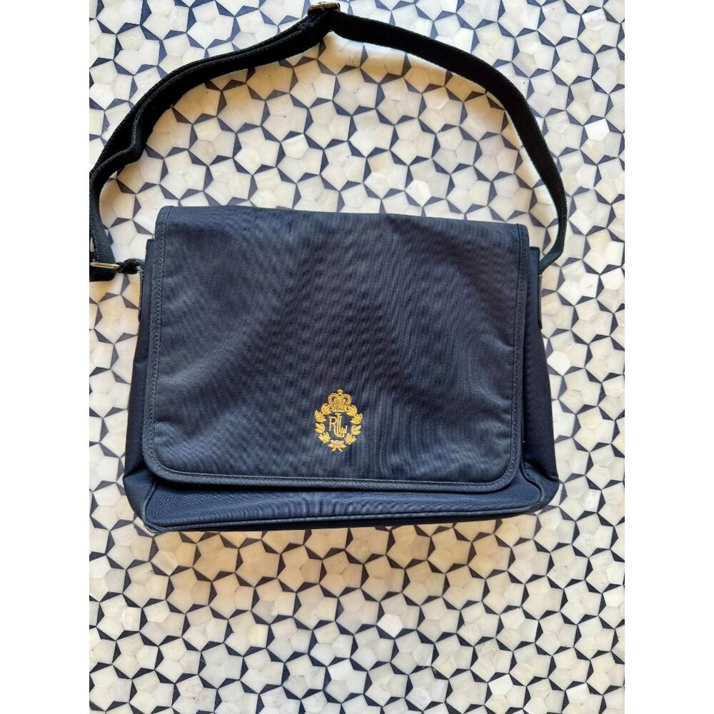 Ralph Lauren Black Messenger Bag With Gold Crest Logo - Shoulder Crossbody